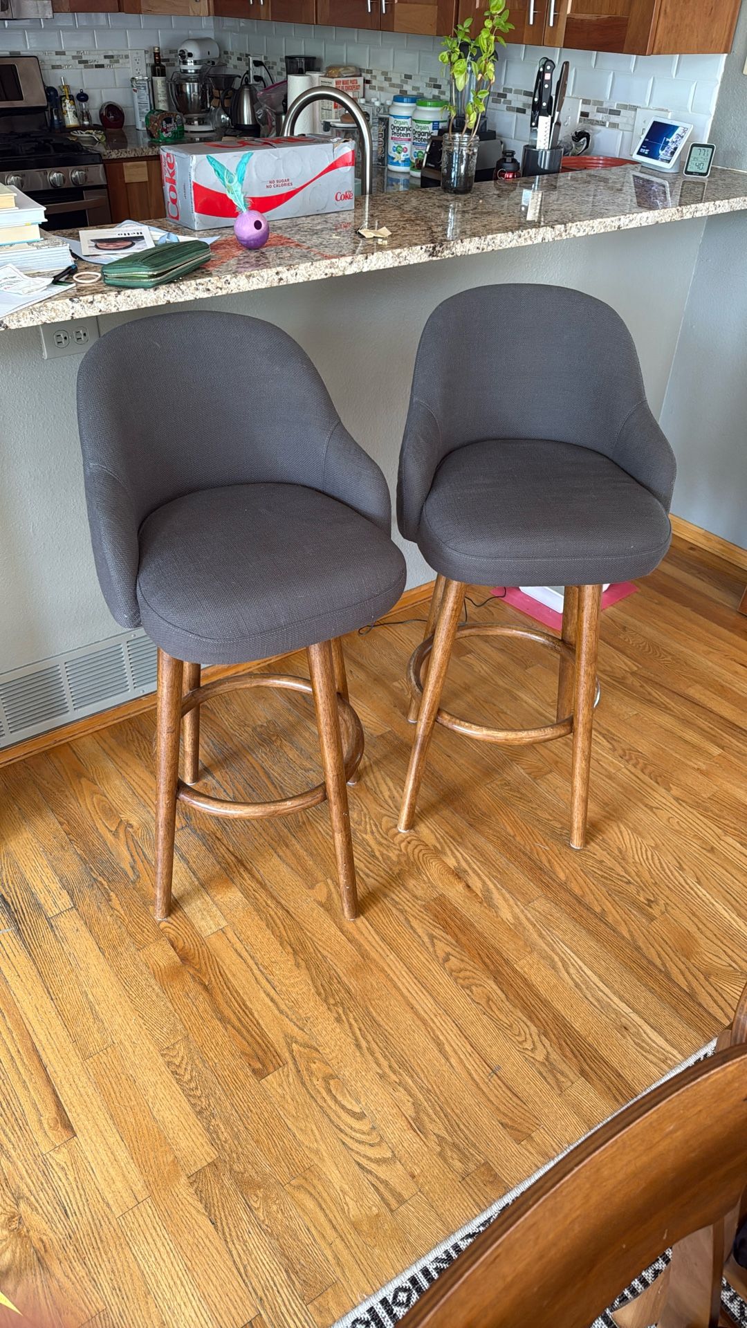 Two Blue Bar Height Swivel Stools