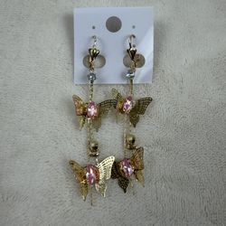 Gold Tone Butterfly Dangle Clip On Earrings 