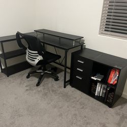 L Desk (with riser), Chair And Printer Stand