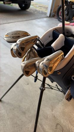 Set of golf clubs.