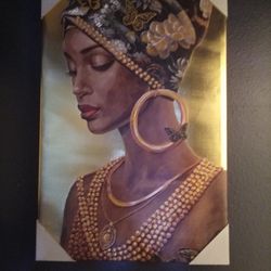 African Woman with Butterflies and Jewelry (Gold/Metallic Accents)