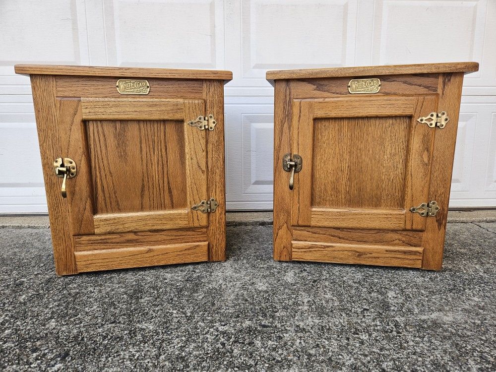 Vintage White Clad Oak Wood Ice Box Nightstands or End Tables Set of 2