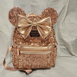 Disney Parks Loungefly Sequined Rose Gold Mini Backpack Minnie Mouse Ears