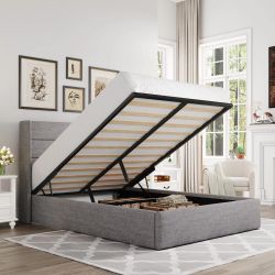 Queen Size Lift Up Platform Bed Frame with Upholstered Channel Headboard, Wingback and Under-bed Storage, gray 