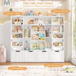55"W Kid Toy Storage Organizer with Sliding Bookshelf, Kid Bookcase with 4 Removable Drawers and Bins, for Children's Bedroom Playroom, White