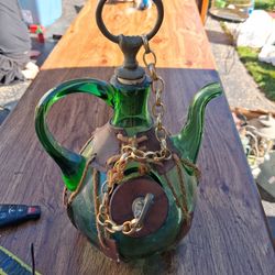 Decorative Green Glass Teapot with Leather and Chain