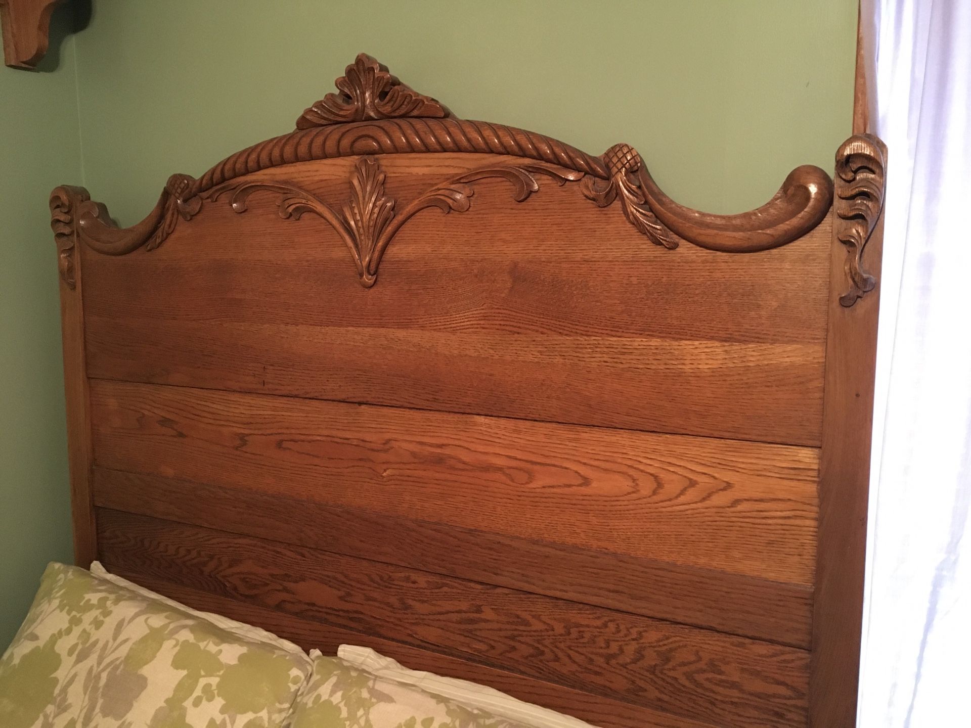 Full Size Antique Oak Ornate Bed with mattress and box springs