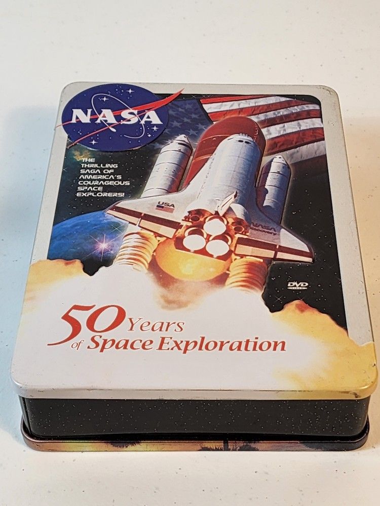 Nasa 50 years of Space Exploration 5 Disc DVD with Decorative Tin. Great condition complete with booklet and collectors metal tin box disc case.
