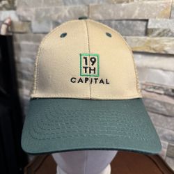 Trucker hat w/embroidered logo for 19th Capital Group beige green cap