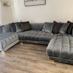 Grey/Gold Velvet Couch