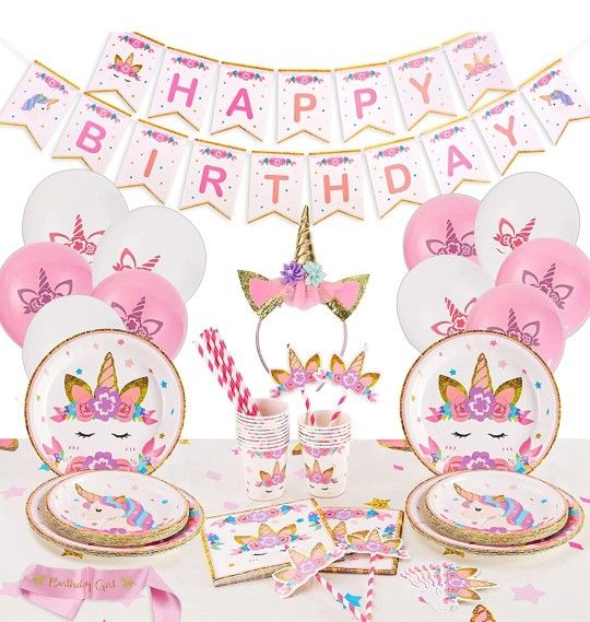 Sharlity Serve 16 Unicorn Party Supplies Set Includes Unicorn Paper Plates, Balloons, Tablecloth and Banner, Unicorn Birthday Decorations for Girls

