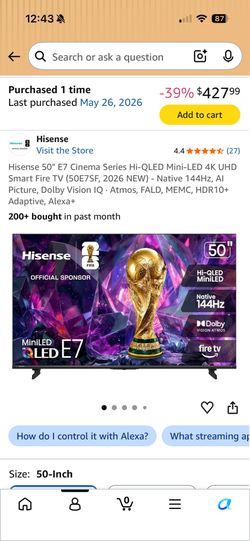 Hisense 50" E7 Cinema Series Hi-QLED Mini-LED 4K UHD Smart Fire TV (50E7SF, 2026 NEW) - Native 144Hz, AI Picture, Dolby Vision IQ · Atmos, FALD, MEMC,