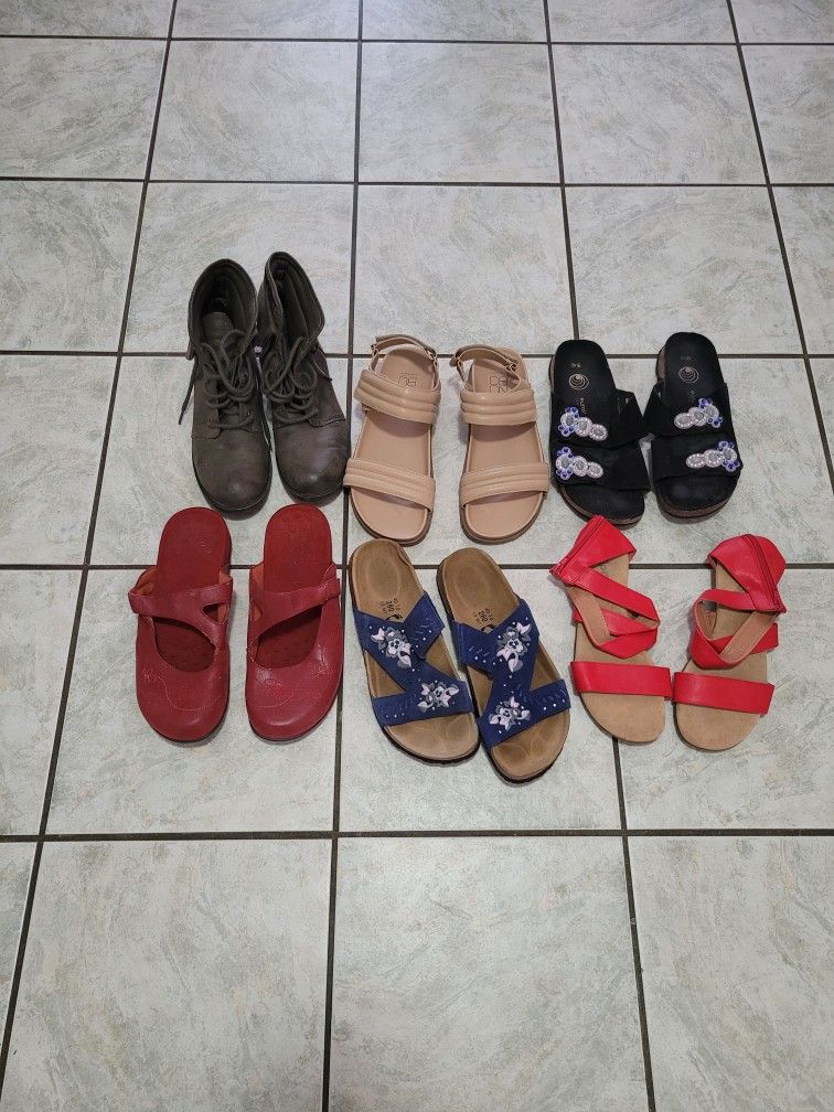6 Pairs Women's Size 9 Sandals / Boots All For $35