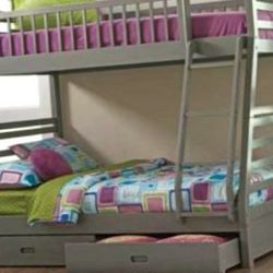BUNK BEDS Twin Over Full Bunk Bed In Grey FREE MATTRESSES