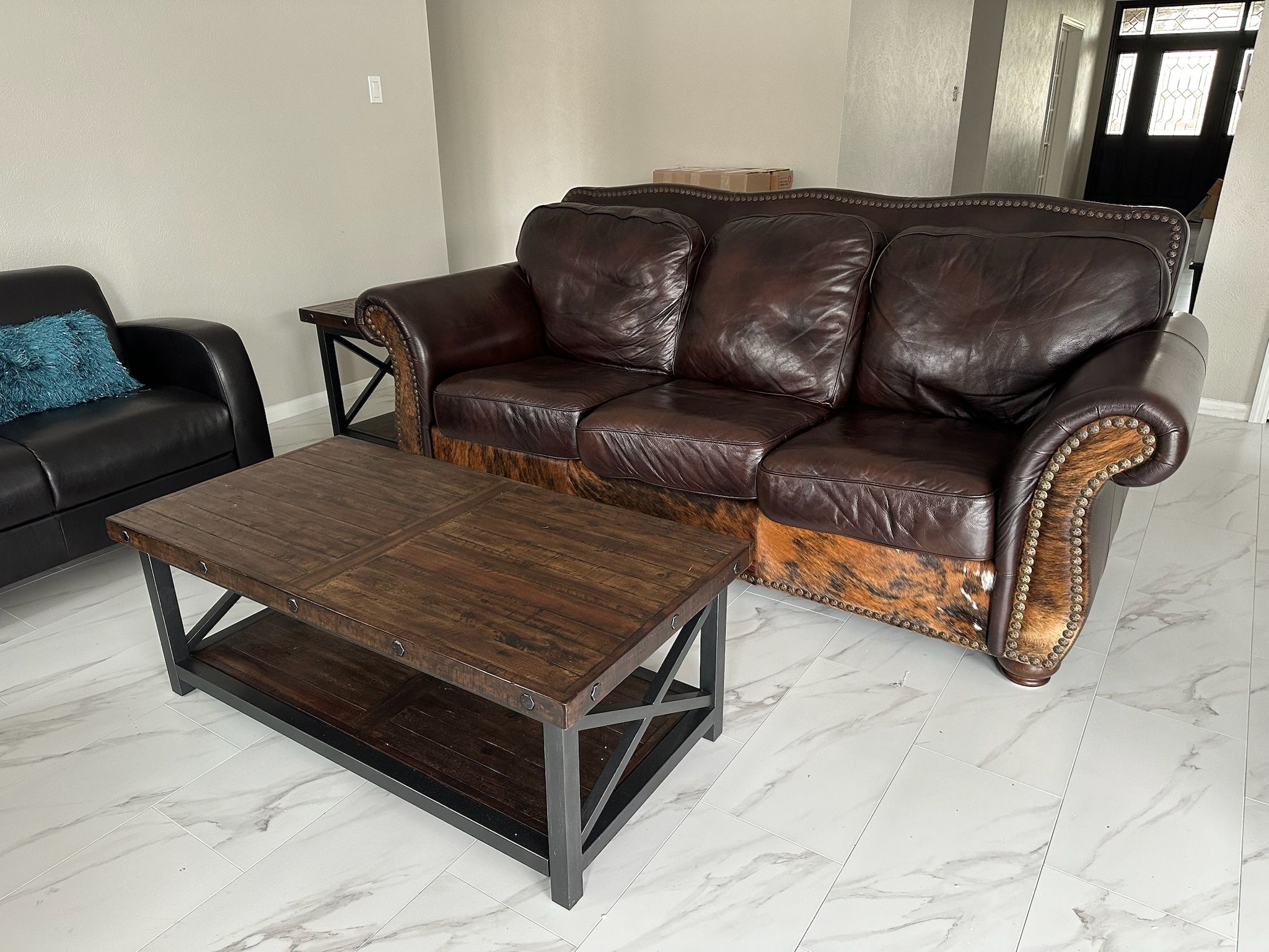 Brown Leather Couch, Chair, And Ottoman American Made