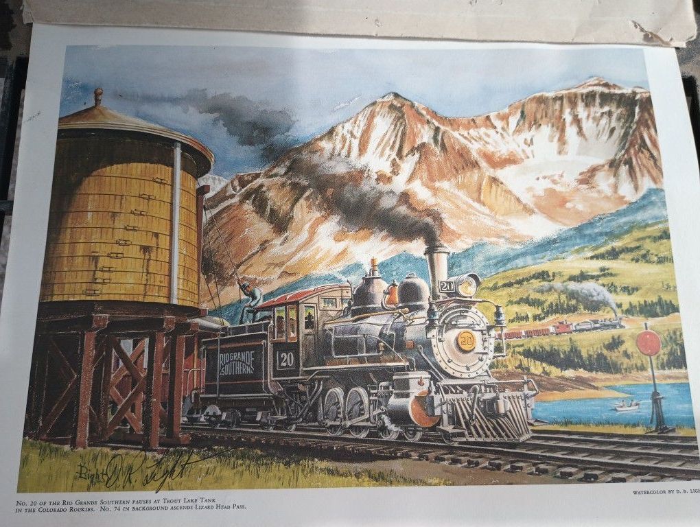 Vintage Signed Watercolor Train Print By D. R. Light