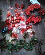 Red ornaments and wreath