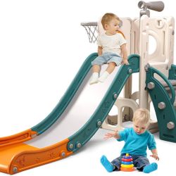 6 in 1 Toddler Playset with Slide,Toddler Slide,Slide for Kids with Basketball Hoop,Ball,Ring Toss,Kids Slide Toddler Playground Toddler Slide Indoor