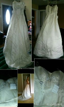 NWT pd$1000 sell$150 obo. Sz 8 but runs small. Needs to be steamed other than that it's a fabulous champagne with silver embroidery dress.