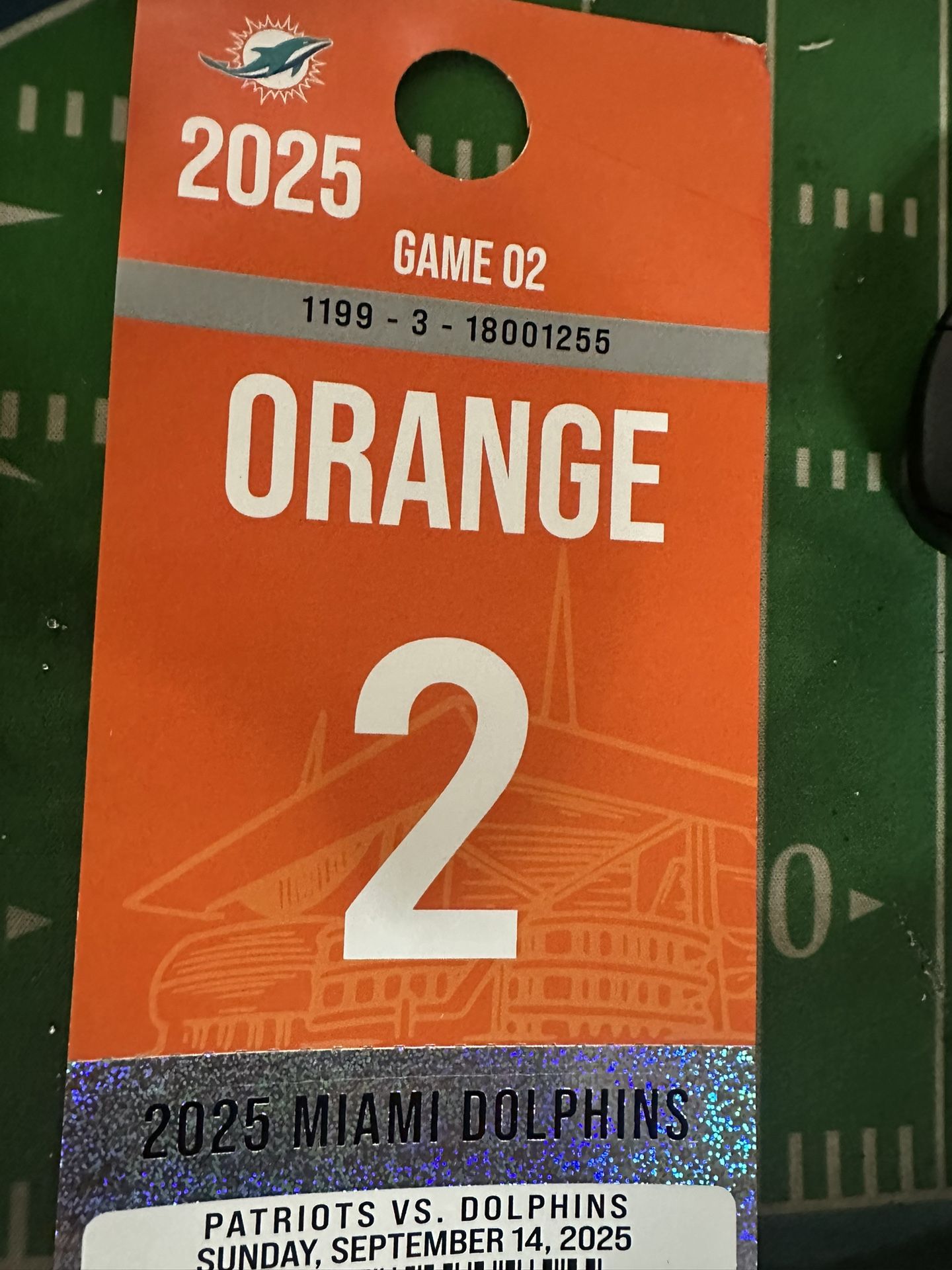 Miami Dolphin orange parking pass for this Sunday against the New England Patriots that would be September 14, 2025