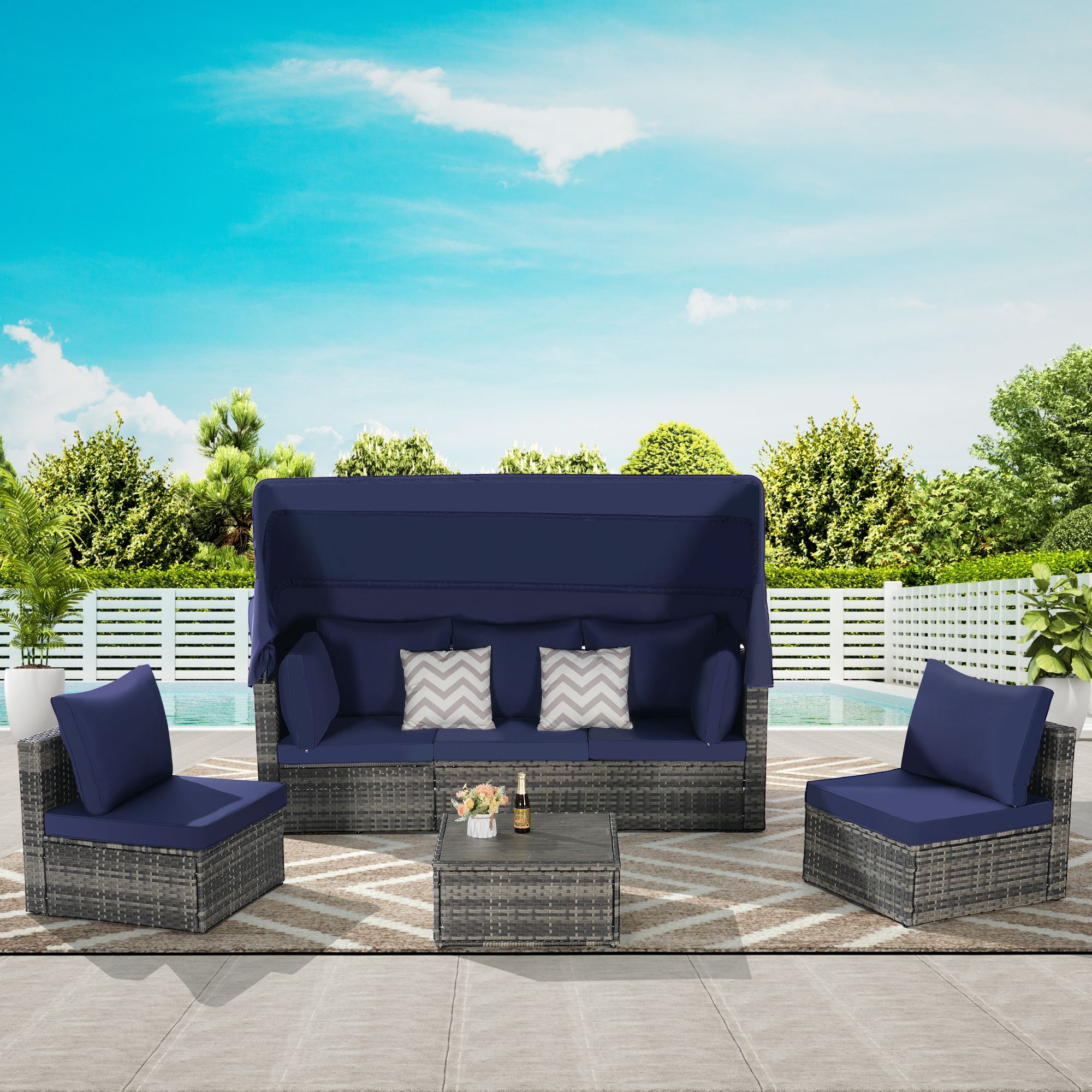 5 Pieces Outdoor Patio Wicker Daybed Furniture Set with Retractable Canopy, Storable Side Table, and Soft Cushions for Relaxing in Your Backyard or Po