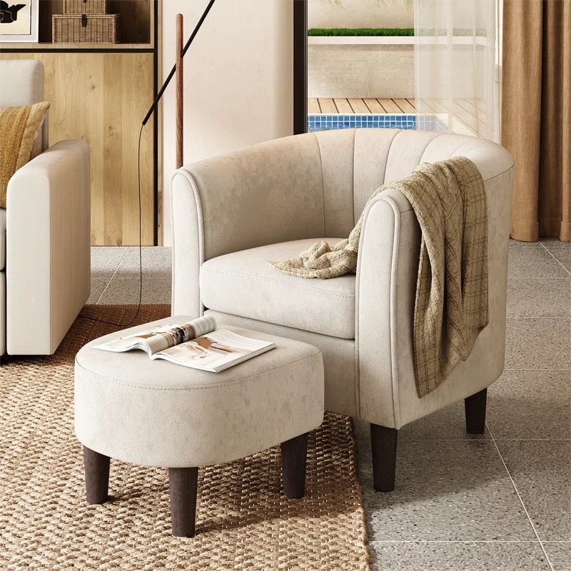 Upholstered Barrel Accent Chair with Ottoman(beige velvet)