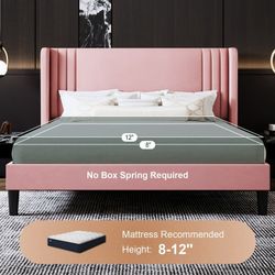 Queen Size Bed Frame, Velvet Platform Bed with Upholstered Wingback Headboard, No Box Spring Needed, Pink