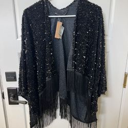 Formal Black Fringed Sequin Shall For Over Dress- Tags On / For Wedding Or Prom