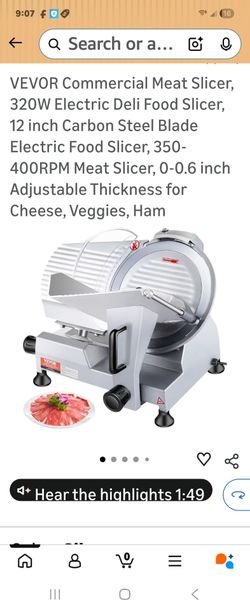 VEVOR Commercial Meat Slicer, 320W Electric Deli Food Slicer, 12 inch Carbon Steel Blade Electric Food Slicer, 350-400RPM Meat Slicer, 0-0.6 inch Adju