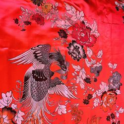 New Vintage Chinese Silk Brocade Textile Panel Peacock Red 51”x76”
