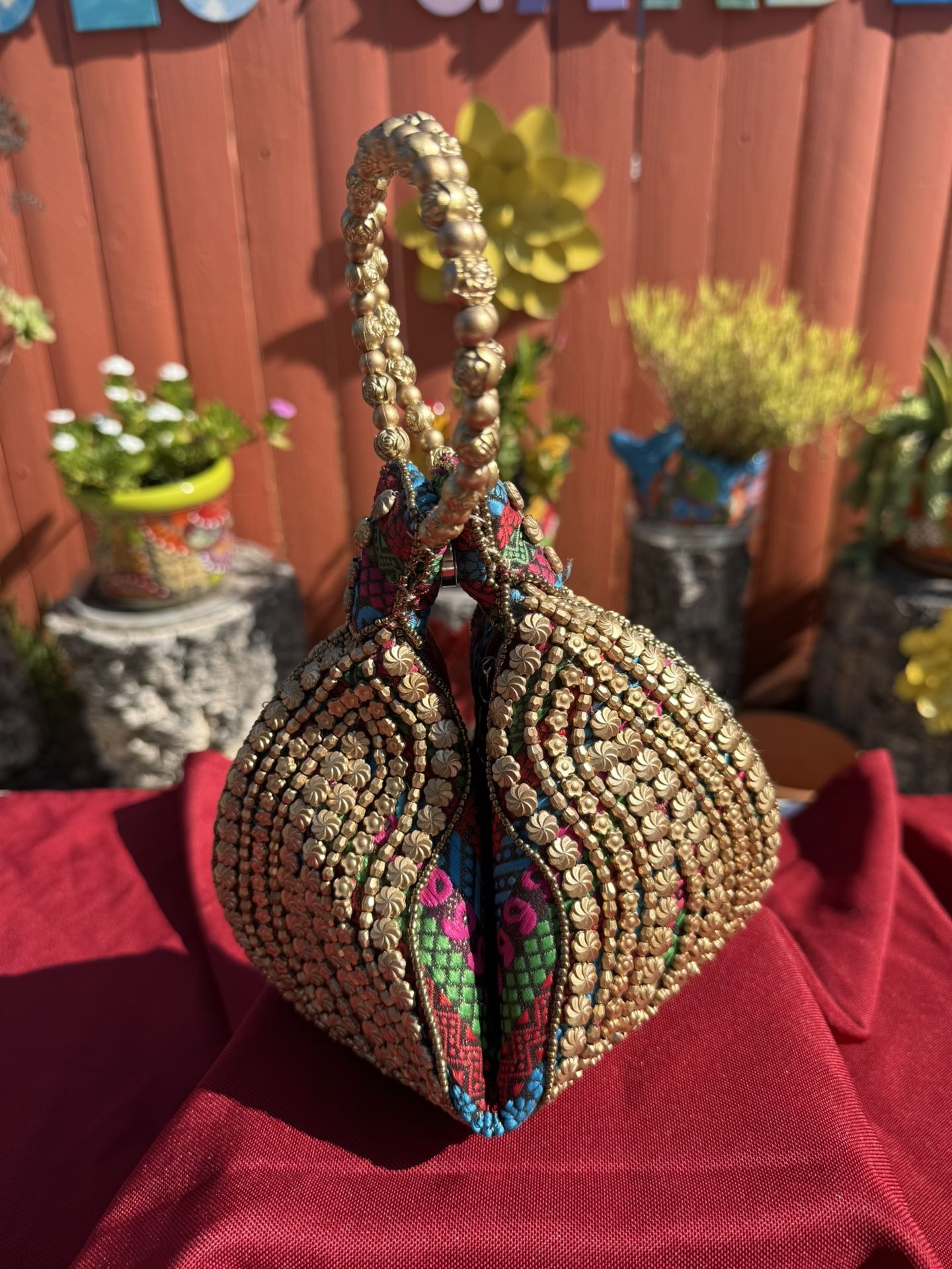 Red/Blue/Green/Pink Striped Fortune Cookie Handbag With Gold Embellishments 