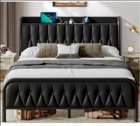 Black Queen Platform Bed Frame With Charging Station Brand New