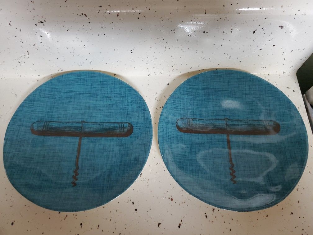 "Threshold Quality and Design" Wine Corkscrew Blue Appetizer Plates (2)