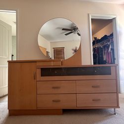 3 Piece Bedroom Set - Faux Beige Wood - Tall Dresser, Long Dresser with Mirror, Nightstand (All 3 pieces including mirror for $150)