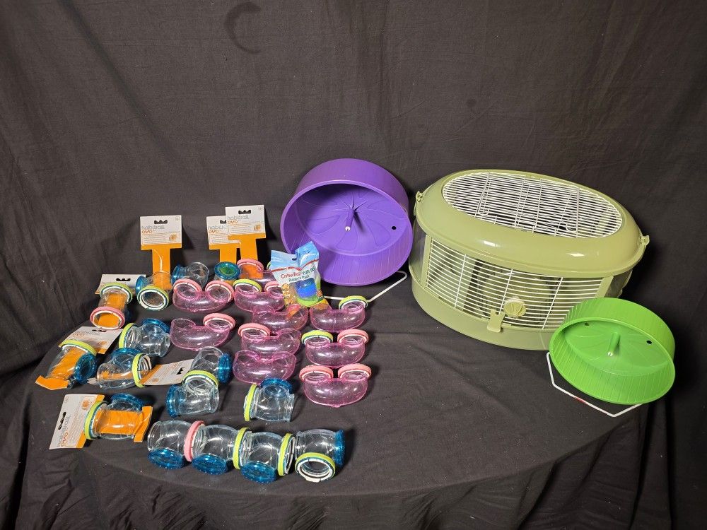NEW! MASSIVE Hamster/Gerbil Habitat Lot: Habitrail OVO & CritterTrail Cage, 30+ Tunnels, 12" Wheel, Accessories