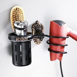 Spiral Hair Dryer Holder Wall Mount Bathroom Hair Product & Styling Tool Organizer,Hair Blow Dryer Hanging Rack with Cup Bathroom Organizer Storage Sh