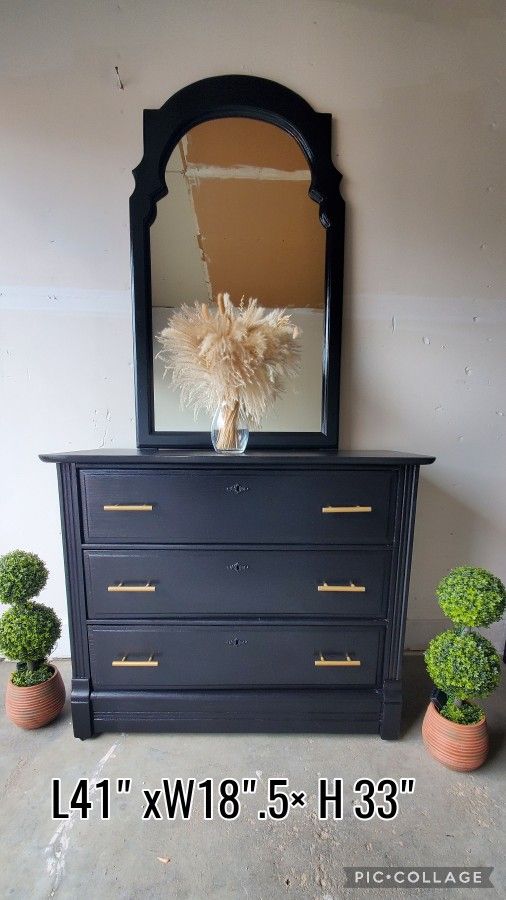 Short Dresser With Mirror Refinished Black And Gold Pulls All Wood
