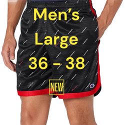Mens Champion Large Shorts All Over Logo Black Red Basketball Jersey Mesh Elastic Waist Drawstring NWOT