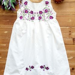 SIZE 8 GIRLS OFF-WHITE SLEEVELESS PURPLE EMBROIDERED FLORAL COTTON MUSLIN DRESS 