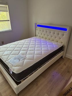 White Tufted Bed Frame with LED Headboard