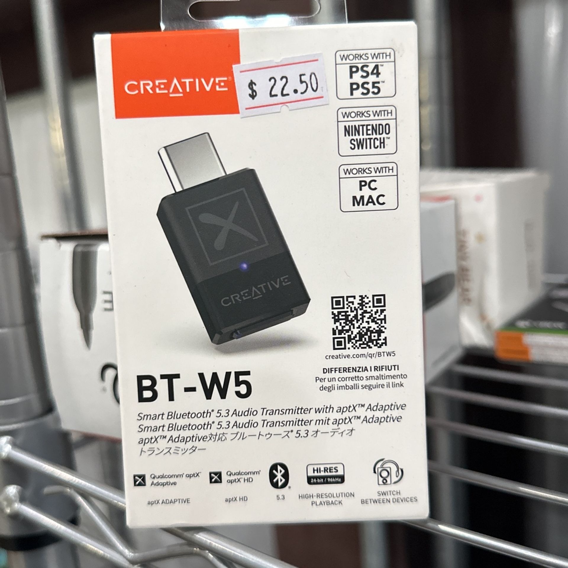 Creative BT-W5 Smart Bluetooth 5.3 Audio Transmitter with aptX Adaptive, High-Resolution 24-bit / 96 kHz Audio, Device-Switching Function, Works with 