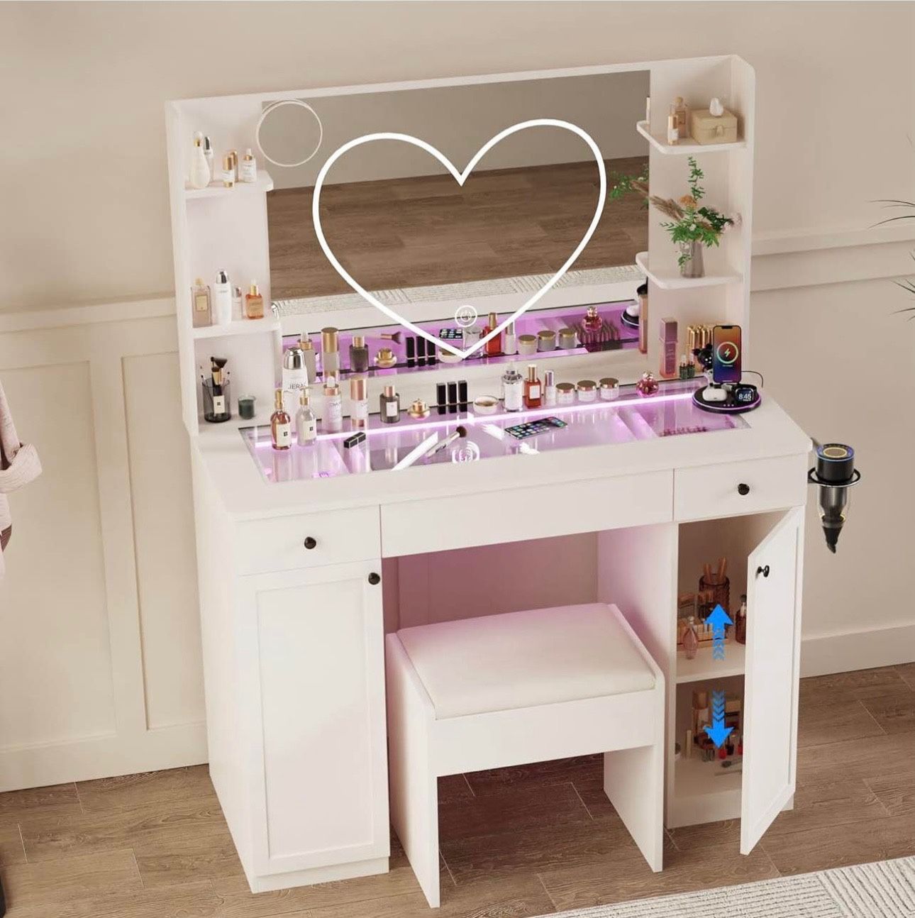 Makeup Vanity Desk with Mirror and Lights Heart Strip, RGB Led, Glass Top Bedroom Dresser with Rechargeable Outlet (Fcc) with Stool