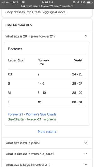 Forever 21 Waist Size Chart