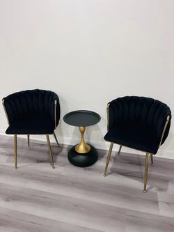 Brand New 3-Piece Black Velvet Accent Chair & Gold Side Table Set