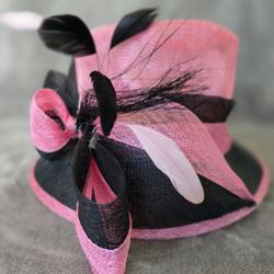Pink and Black Sinamay Dress Hat – Wide Brim with Feather Detail