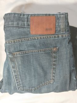 BOSS HUGO KANSAS Men's straight jeans blue plaid waistband 34 × 34
