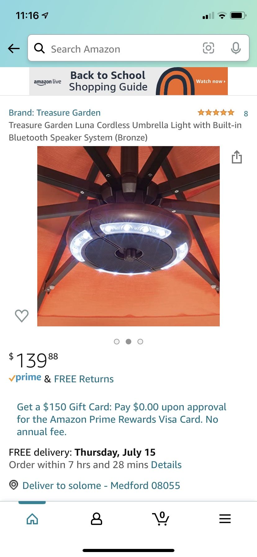 Treasure Garden Luna Cordless Umbrella Light with Built-in Bluetooth Speaker System (Bronze) Was