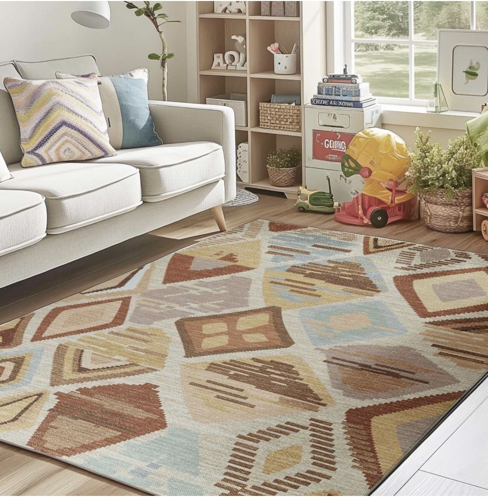 Brand New jinchan 5x7 Kids Washable Area Rug Geometric Moroccan Faux Jute Indoor Nursery Rug Non-Slip Colorful Modern Carpet for Playroom Kids Room Li