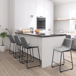 Set Of 4 .24 in. Charcoal Faux Leather PU Upholstered Counter Bar Stools with Low Back and Foot Rest 