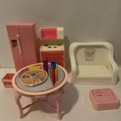 Vintage ‘70s & 80s Barbie Furniture: Refrigerator, Stove/oven , Table, Wicker Sofa Bed